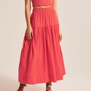Abercrombie & Fitch Coral Pink Cotton Poplin Tiered Midi Skirt